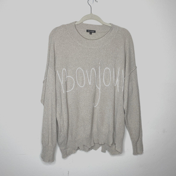 William B Taupe Bonjour Embroidered Oversize Distressed Sweater Long Sleeve S - Picture 1 of 12